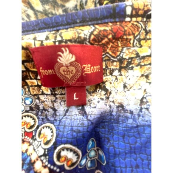 From The Heart Top/Tunic Womens Size L Blue Multicolored 3/4 Sleeves Lined Round - Picture 3 of 6